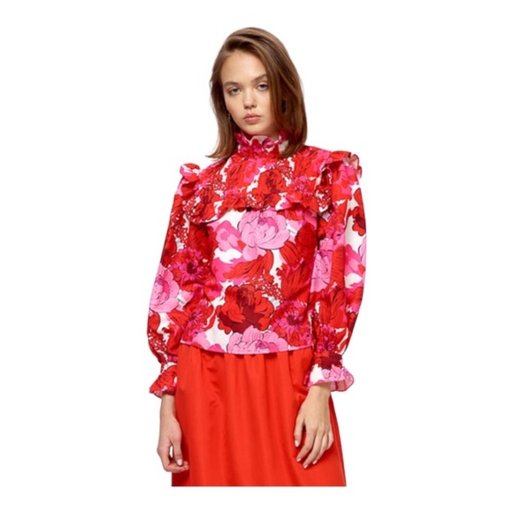 Stellah Tops - Stellah Anthropologie Ruffle Trimmed Floral High Neck Blouse Size Small